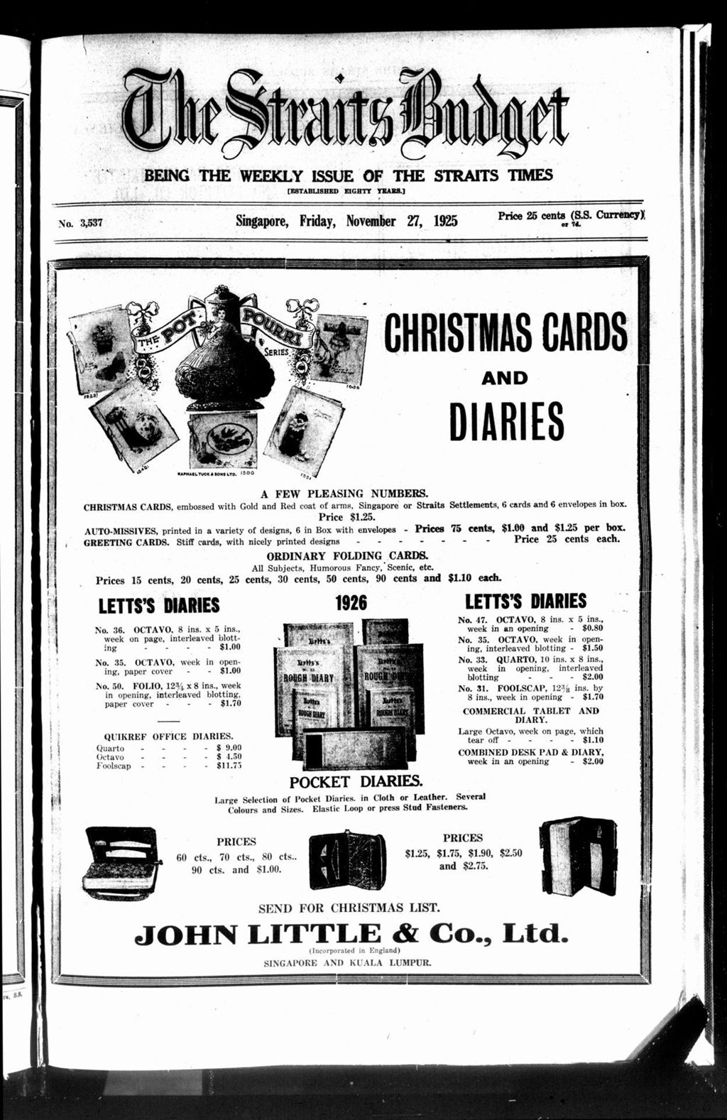 Miniature of Straits Budget 27 November 1925