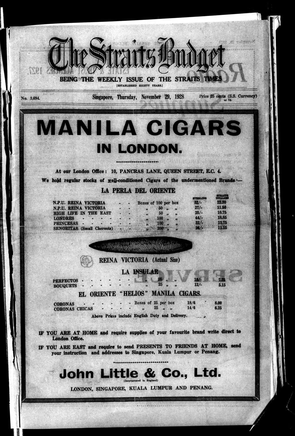 Miniature of Straits Budget 29 November 1928