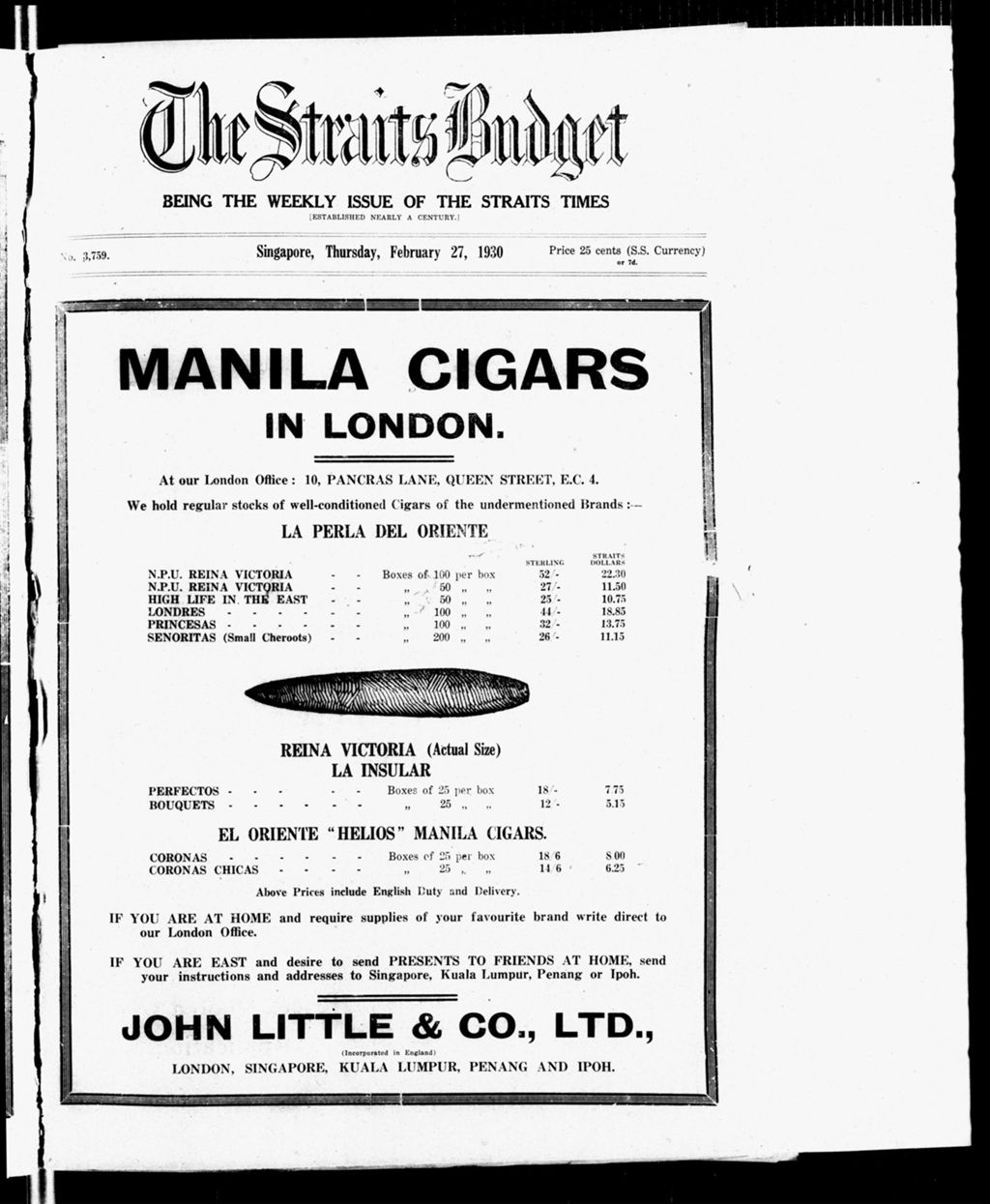 Miniature of Straits Budget 27 February 1930