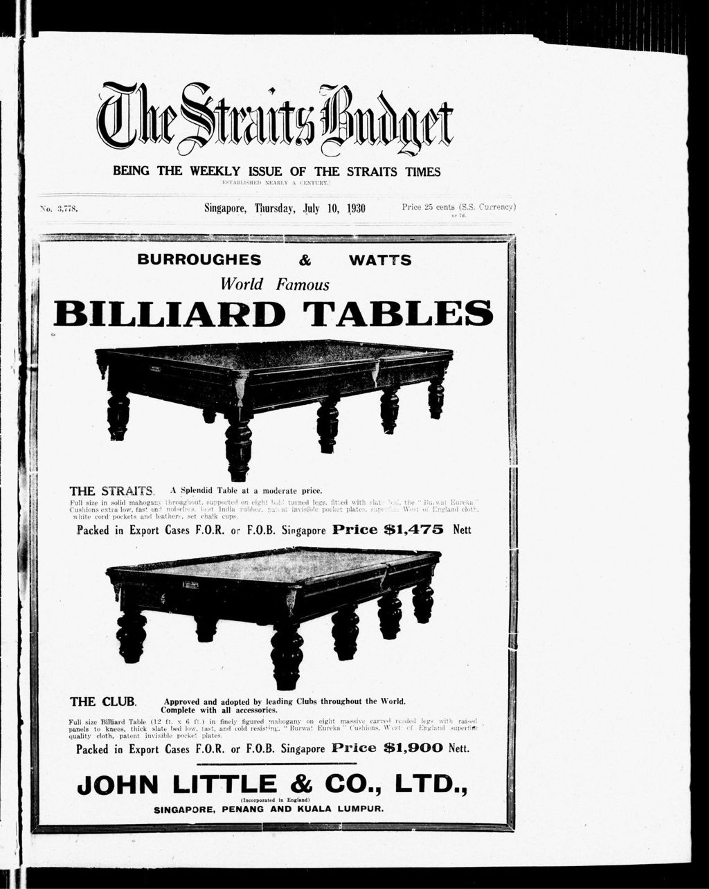 Miniature of Straits Budget 10 July 1930