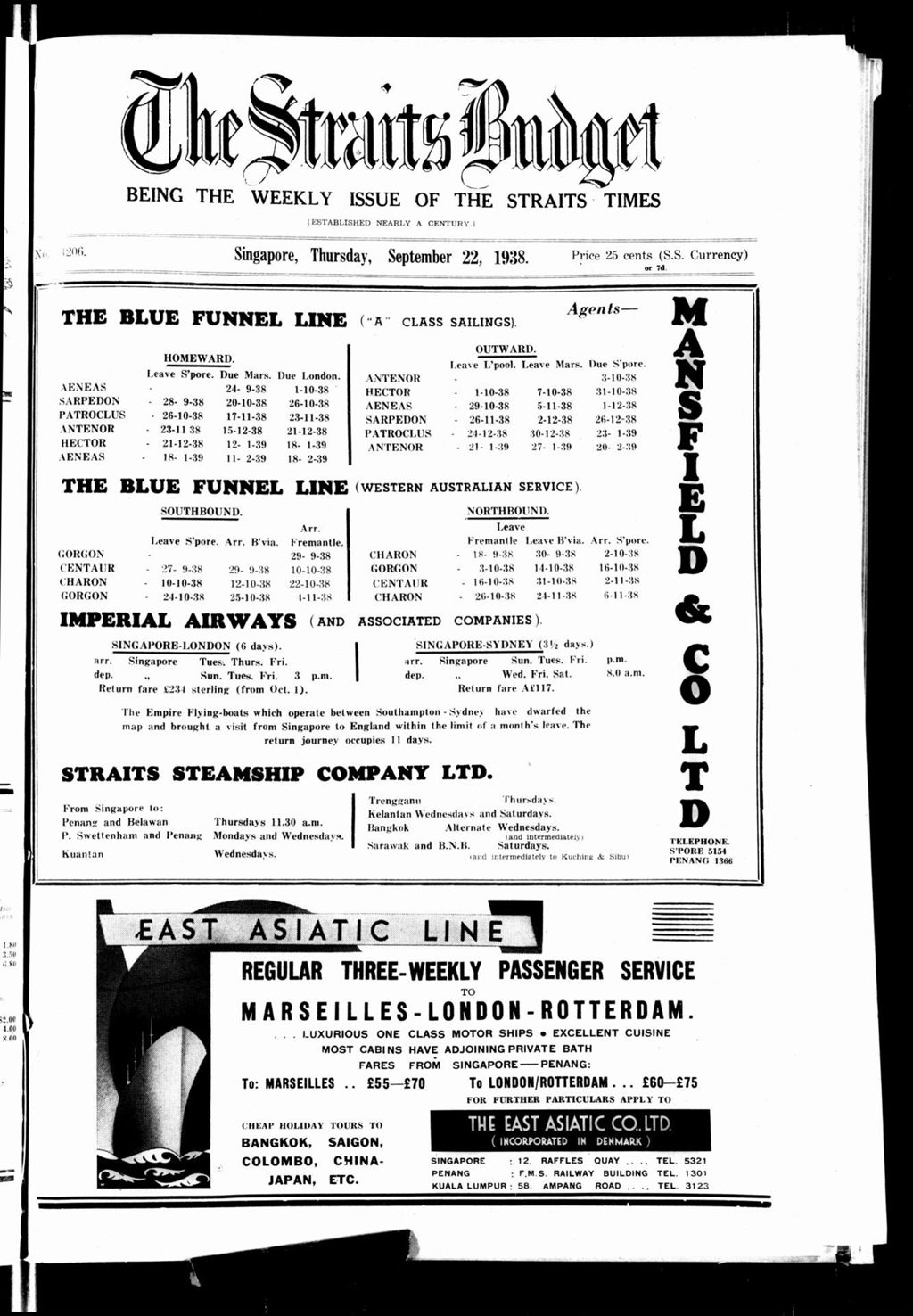 Miniature of Straits Budget 22 September 1938