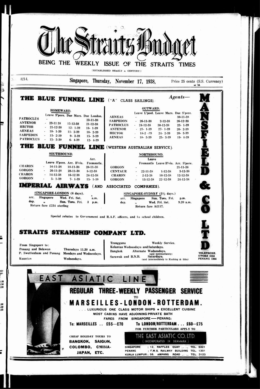 Miniature of Straits Budget 17 November 1938