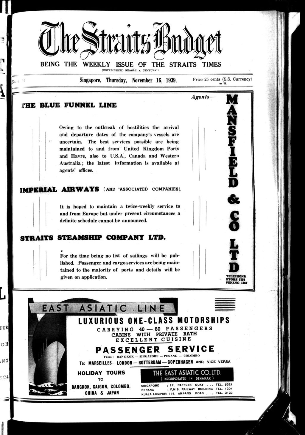 Miniature of Straits Budget 16 November 1939