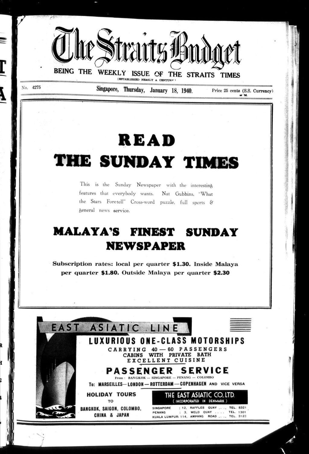 Miniature of Straits Budget 18 January 1940