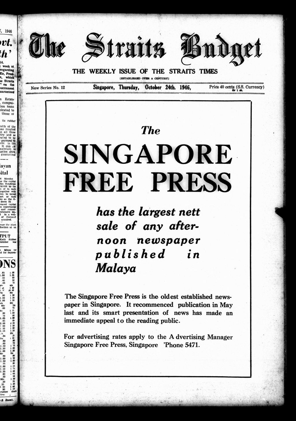 Miniature of Straits Budget 24 October 1946