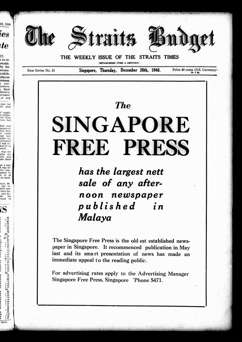 Miniature of Straits Budget 26 December 1946