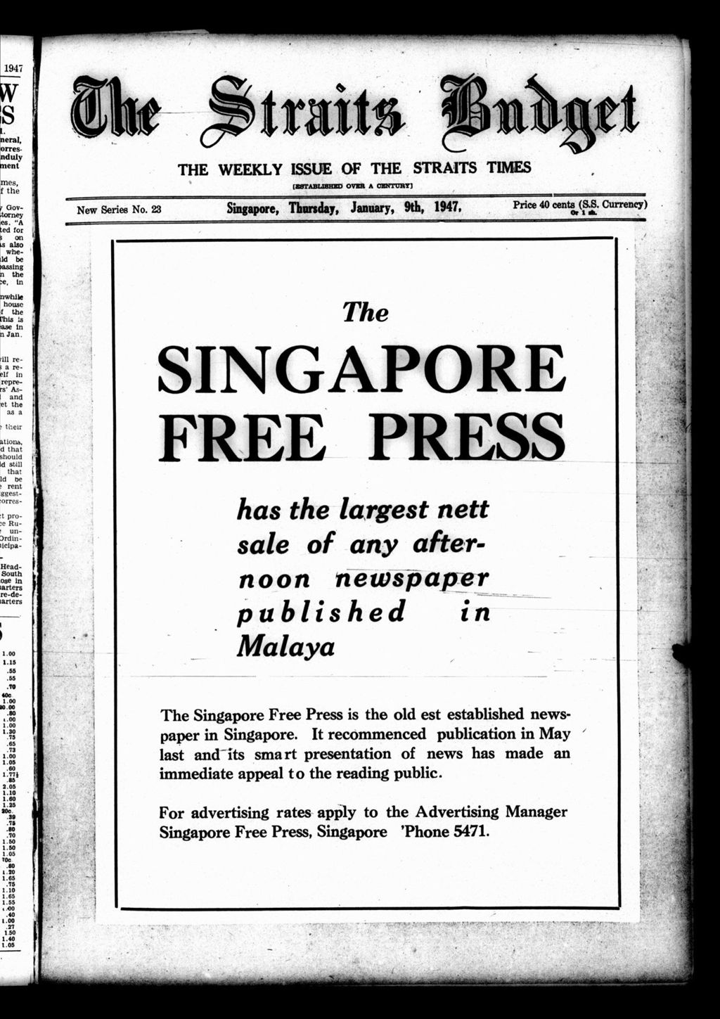 Miniature of Straits Budget 09 January 1947