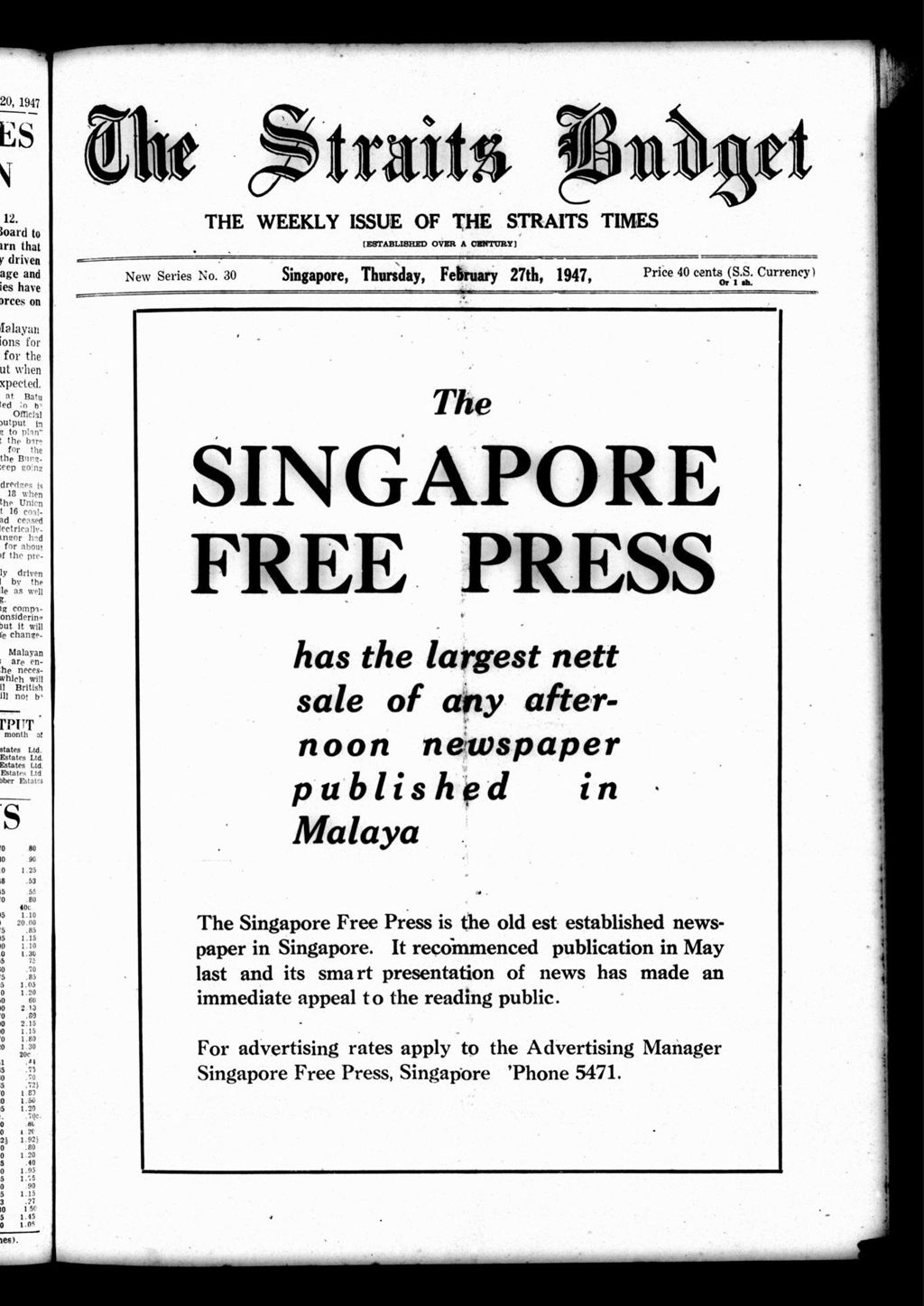 Miniature of Straits Budget 27 February 1947