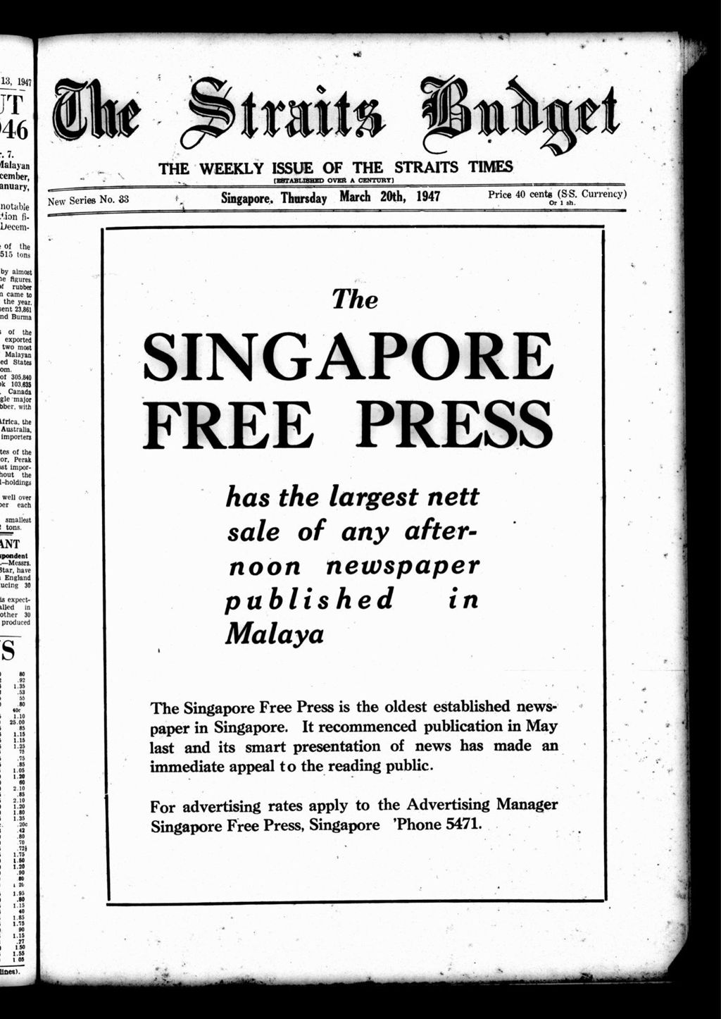 Miniature of Straits Budget 20 March 1947