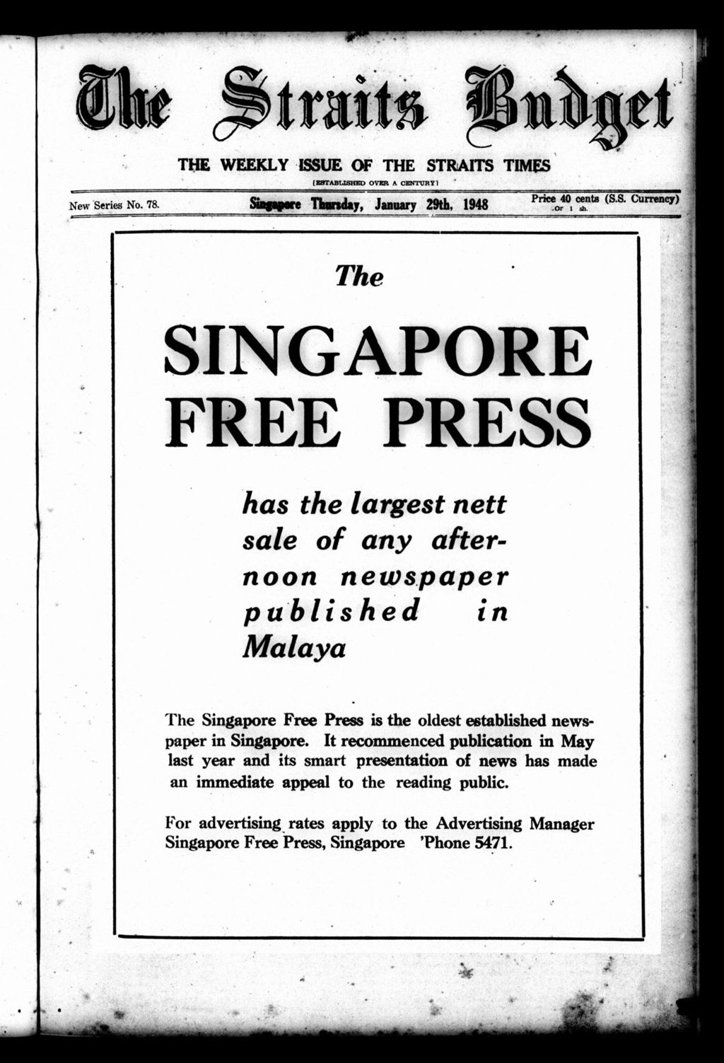 Miniature of Straits Budget 29 January 1948