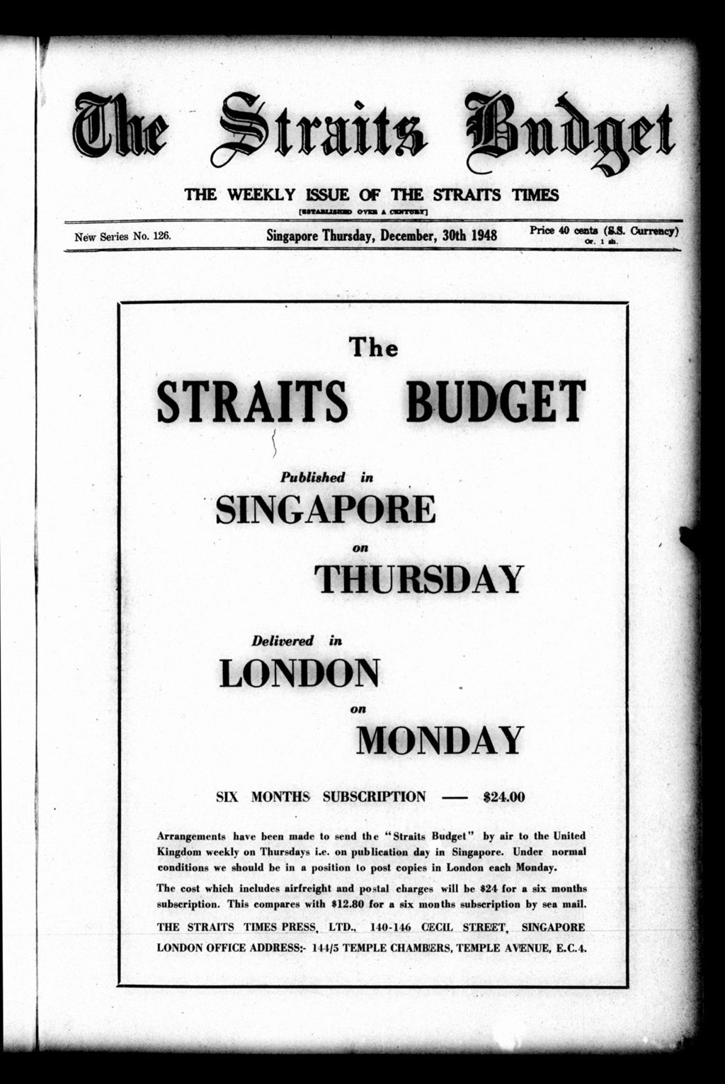 Miniature of Straits Budget 30 December 1948