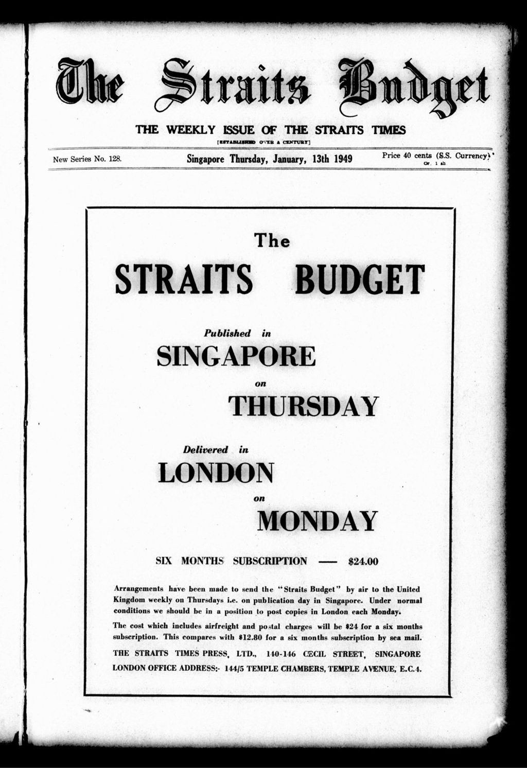 Miniature of Straits Budget 13 January 1949