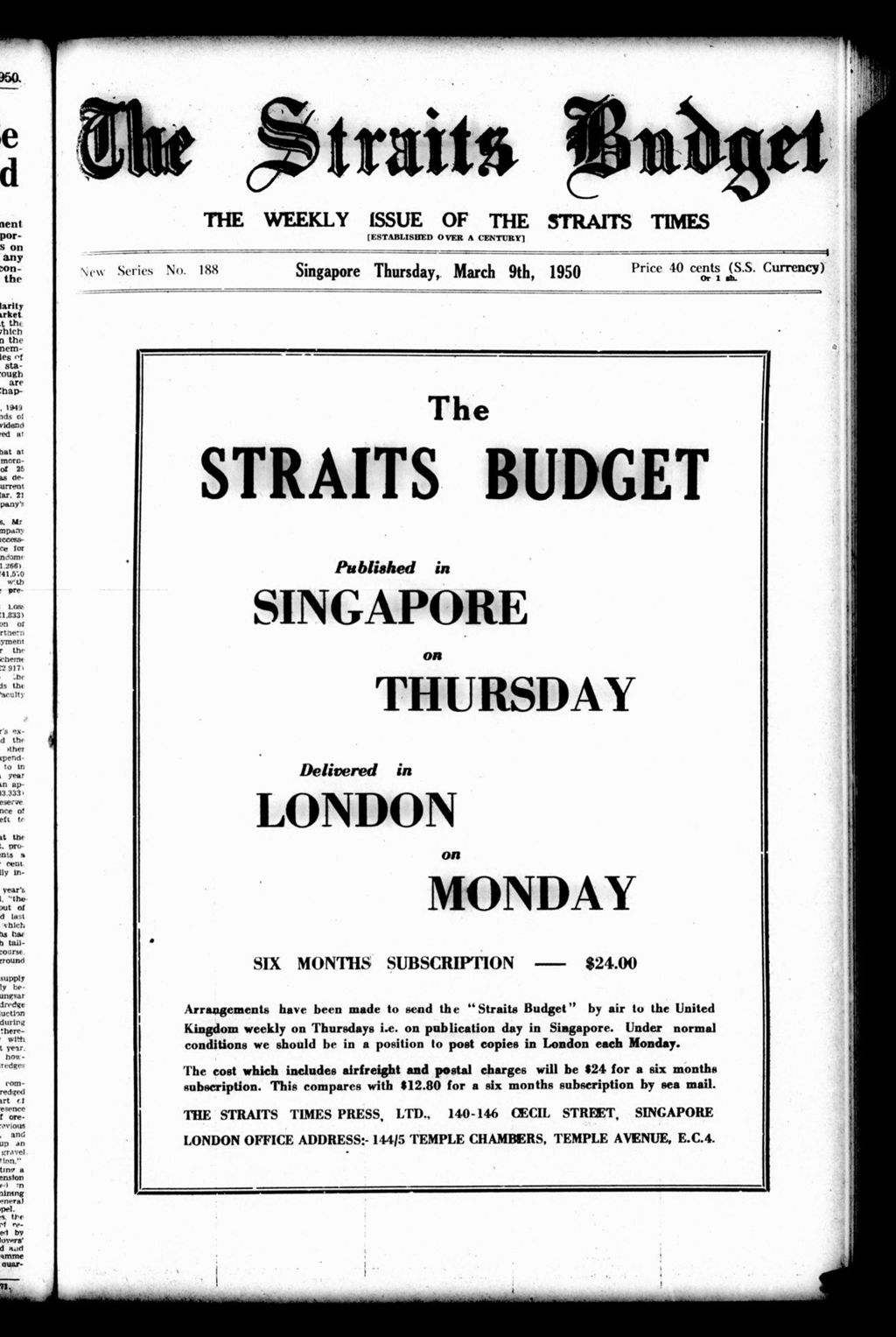 Miniature of Straits Budget 09 March 1950