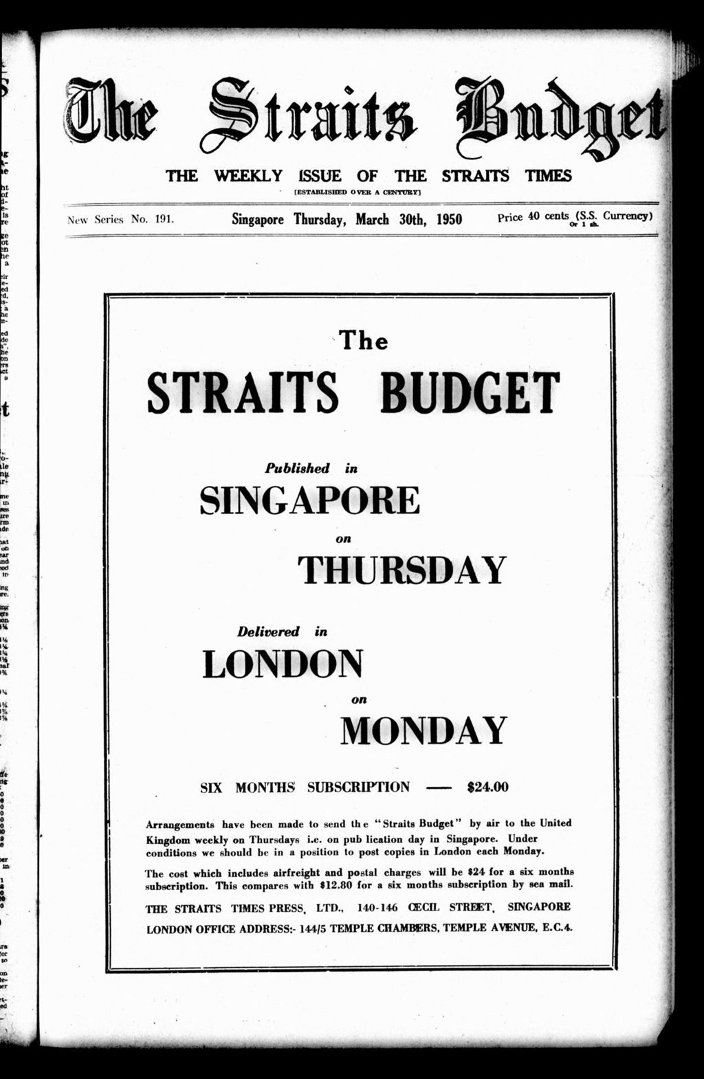 Miniature of Straits Budget 30 March 1950