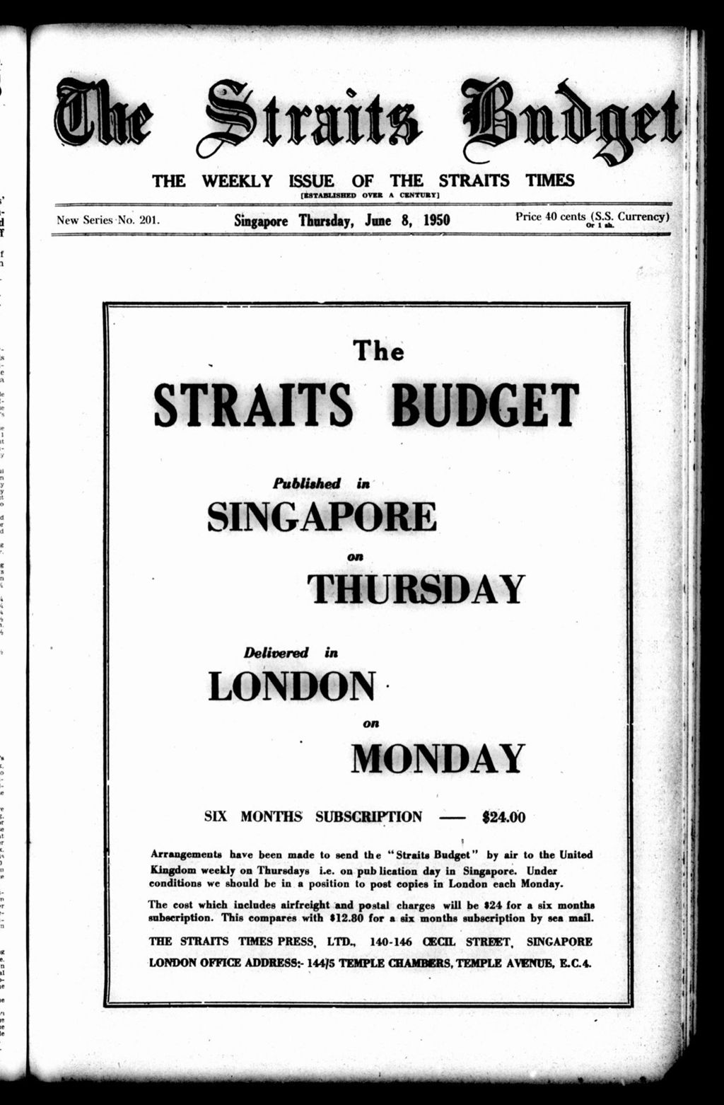 Miniature of Straits Budget 08 June 1950