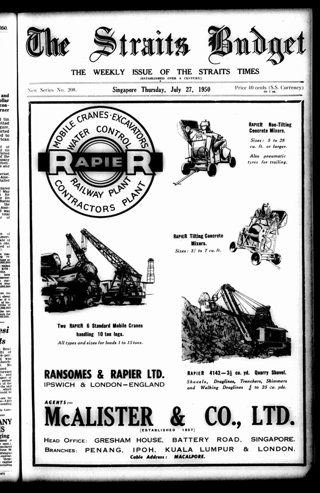 Miniature of Straits Budget 27 July 1950