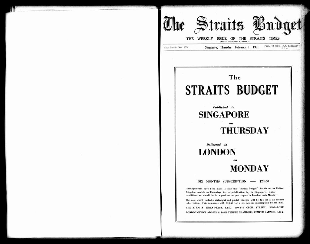 Miniature of Straits Budget 01 February 1951