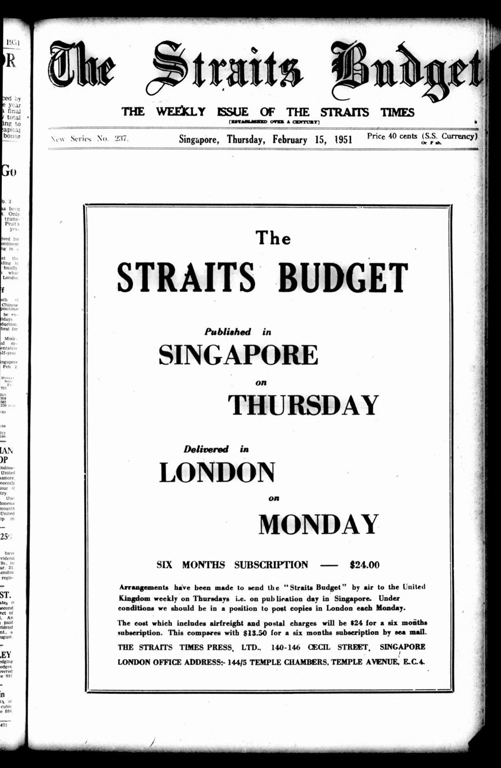 Miniature of Straits Budget 15 February 1951