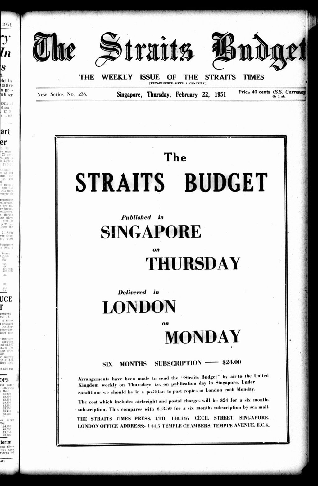 Miniature of Straits Budget 22 February 1951