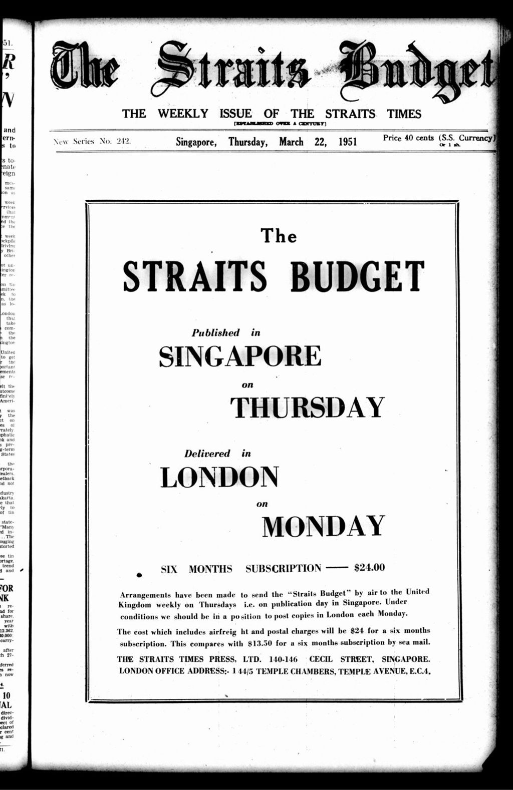 Miniature of Straits Budget 22 March 1951