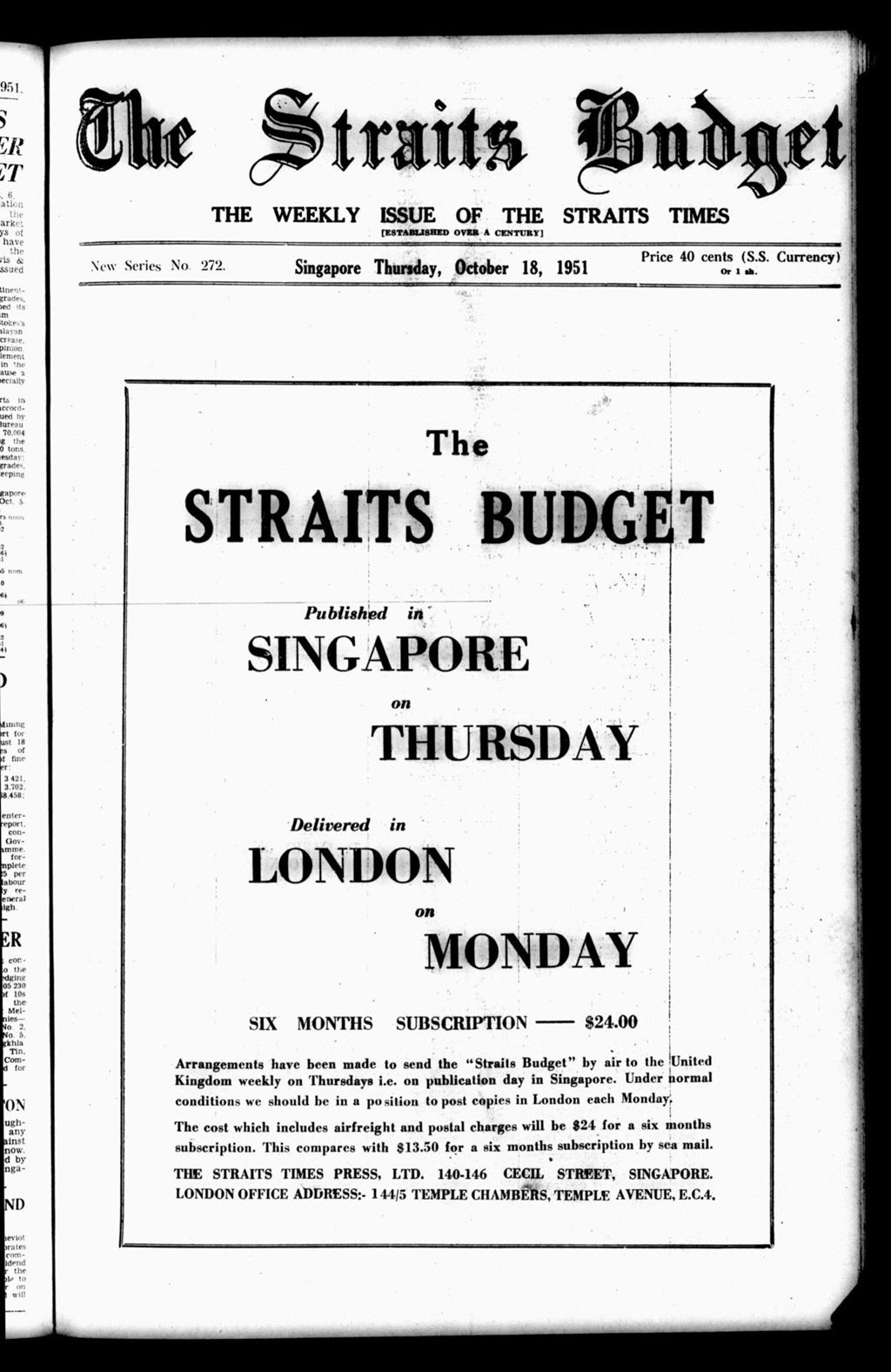 Miniature of Straits Budget 18 October 1951