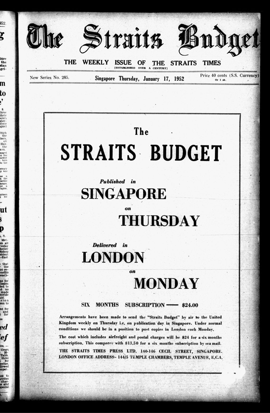 Miniature of Straits Budget 17 January 1952