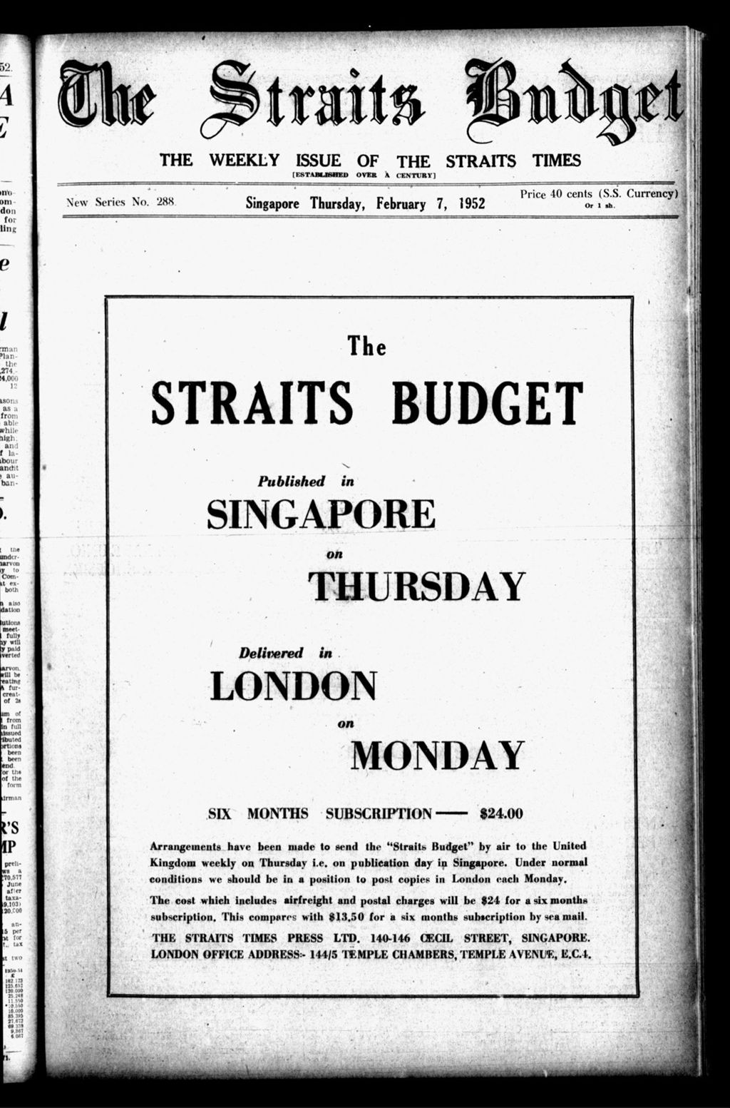 Miniature of Straits Budget 07 February 1952