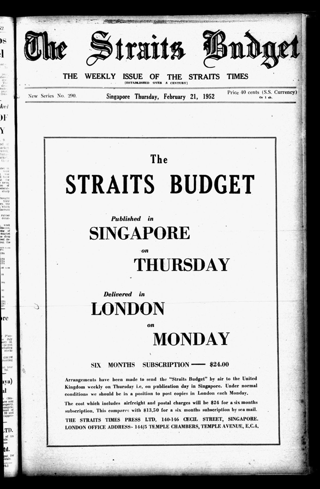 Miniature of Straits Budget 21 February 1952