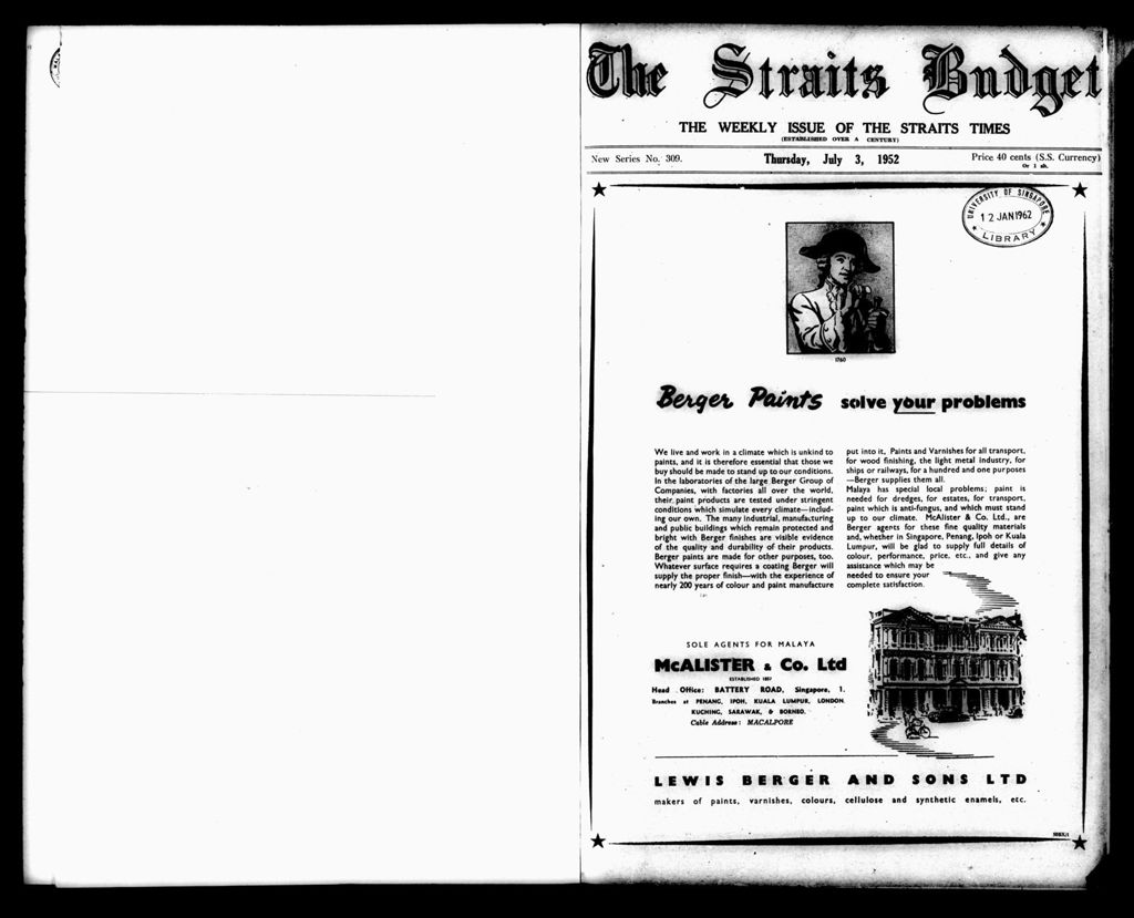 Miniature of Straits Budget 03 July 1952