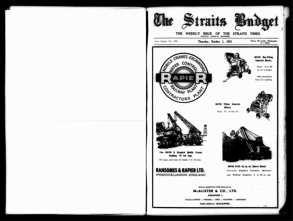 Miniature of Straits Budget 01 October 1953