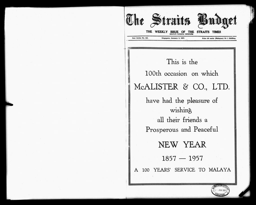 Miniature of Straits Budget 03 January 1957