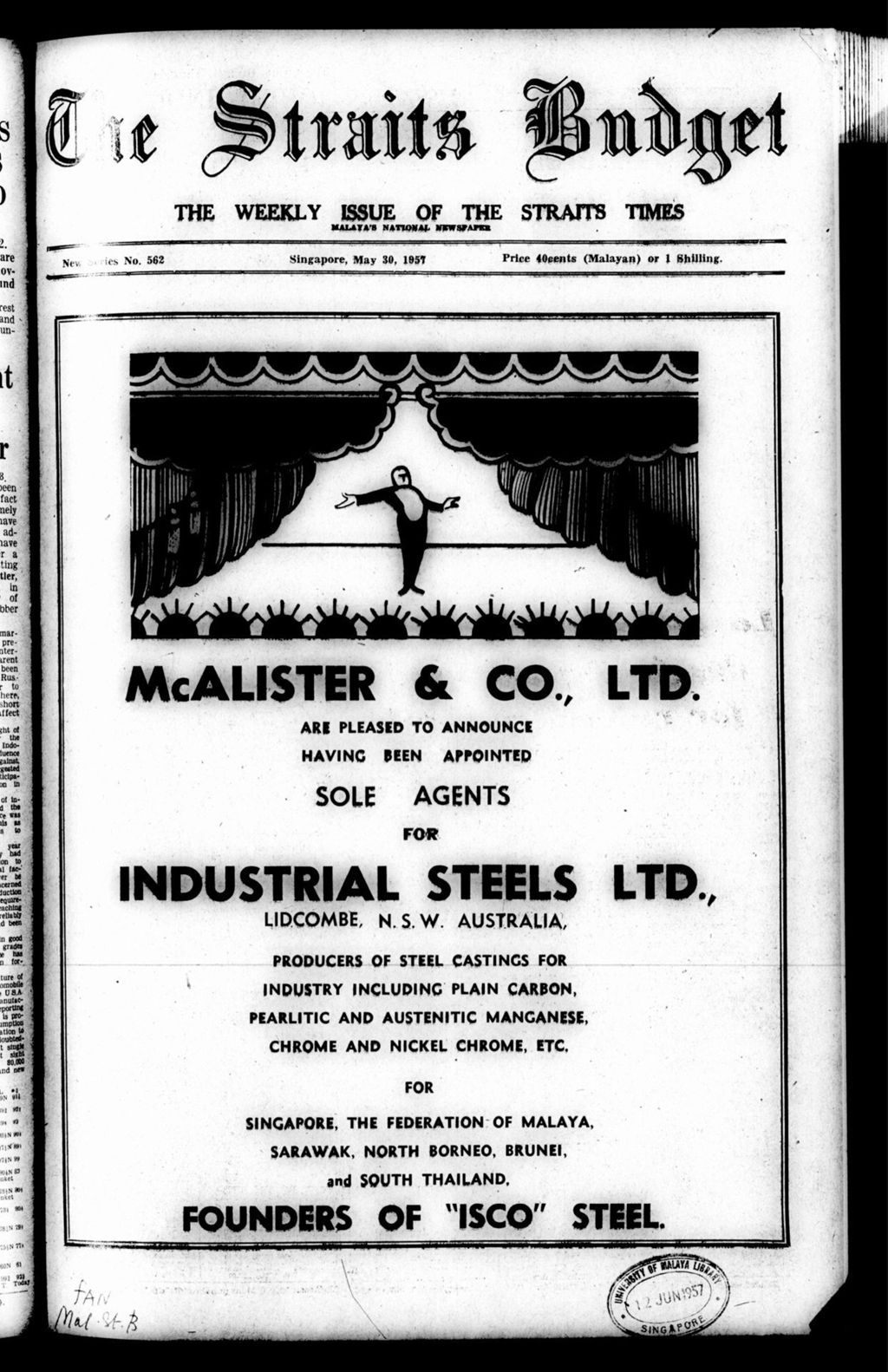 Miniature of Straits Budget 30 May 1957