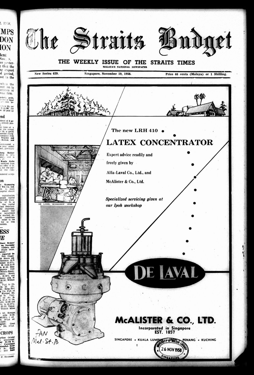 Miniature of Straits Budget 19 November 1958