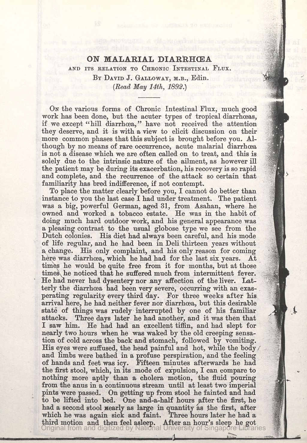 Miniature of On Malarial Diarrhcea and its Relation to Chronic Intestinal Flux