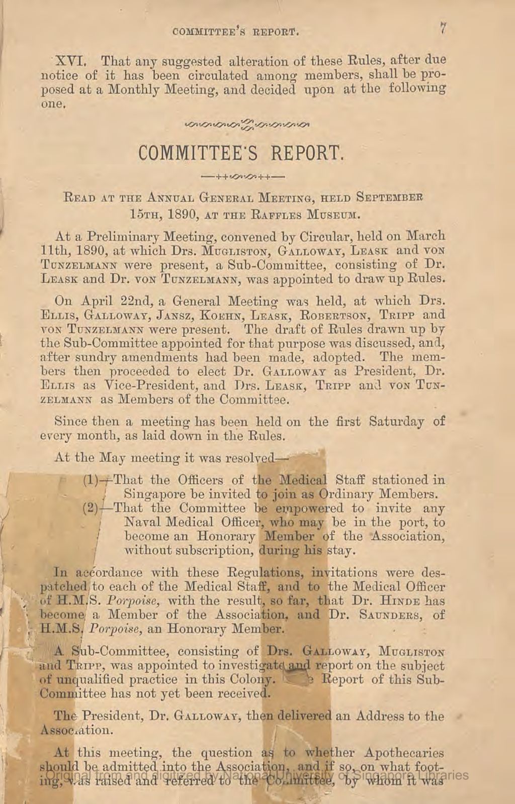 Miniature of Journal of the Straits Medical Association. Number 1. Committee's Report