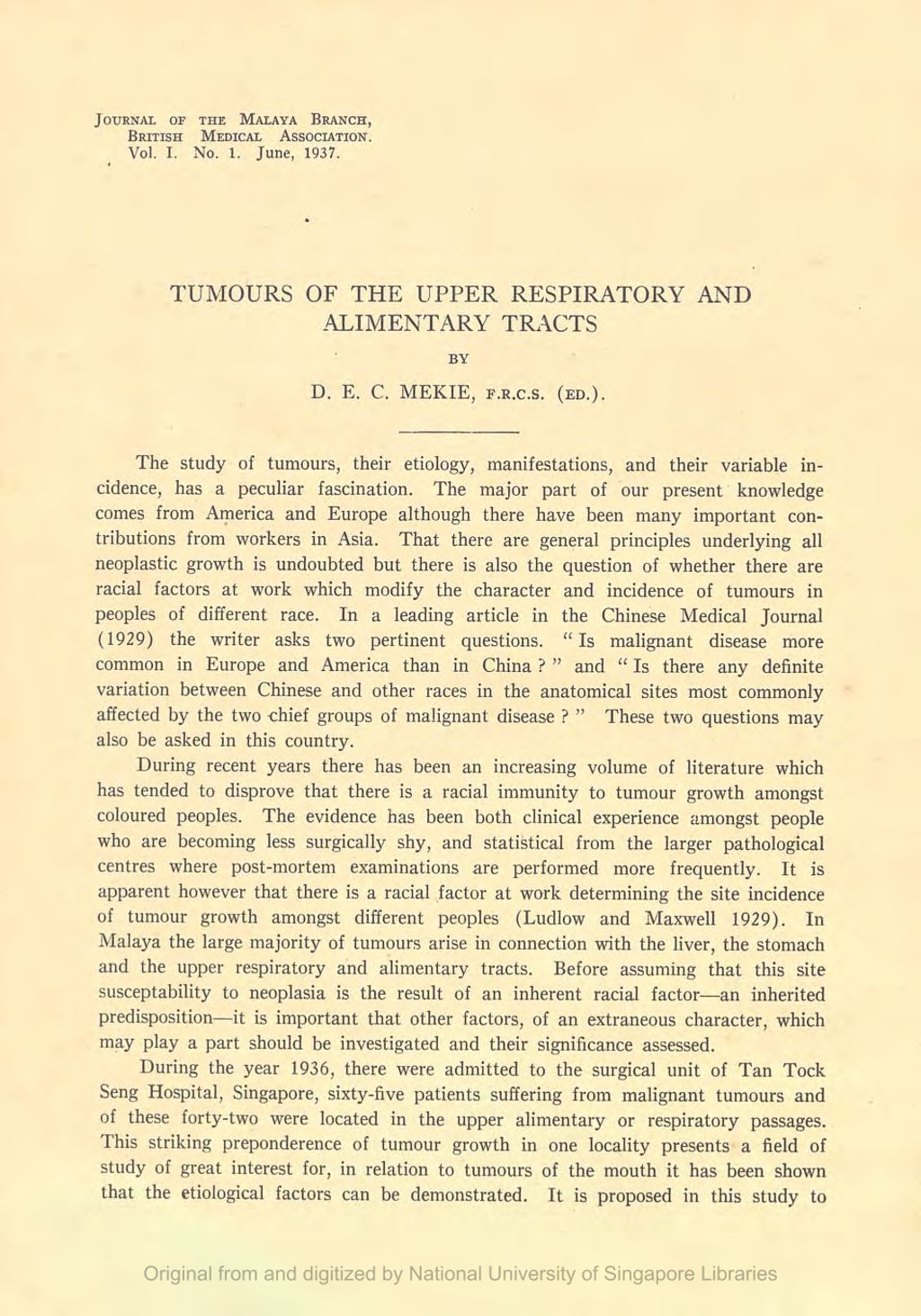 Miniature of Journal of the Malaya Branch of the British Medical Association. Volume 1, Number 1. Tumours of the Upper Respiratory and Alimentary Tracts