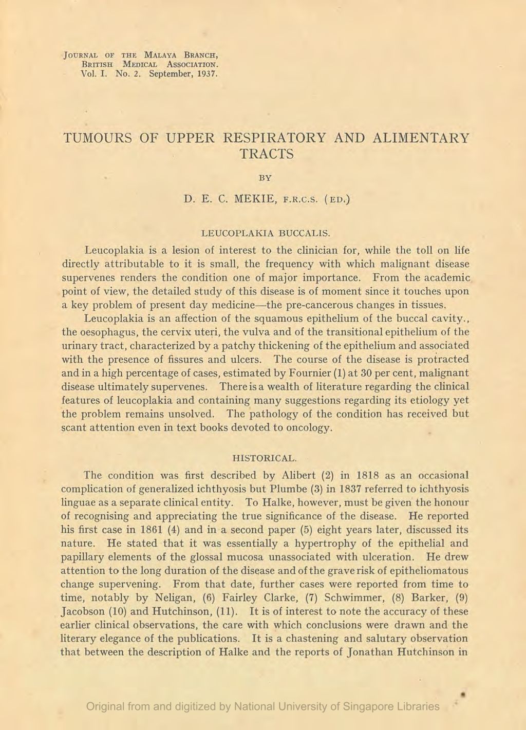 Miniature of Journal of the Malaya Branch of the British Medical Association. Volume 1, Number 2. Tumours of the Upper Respiratory and Alimentary Tracts