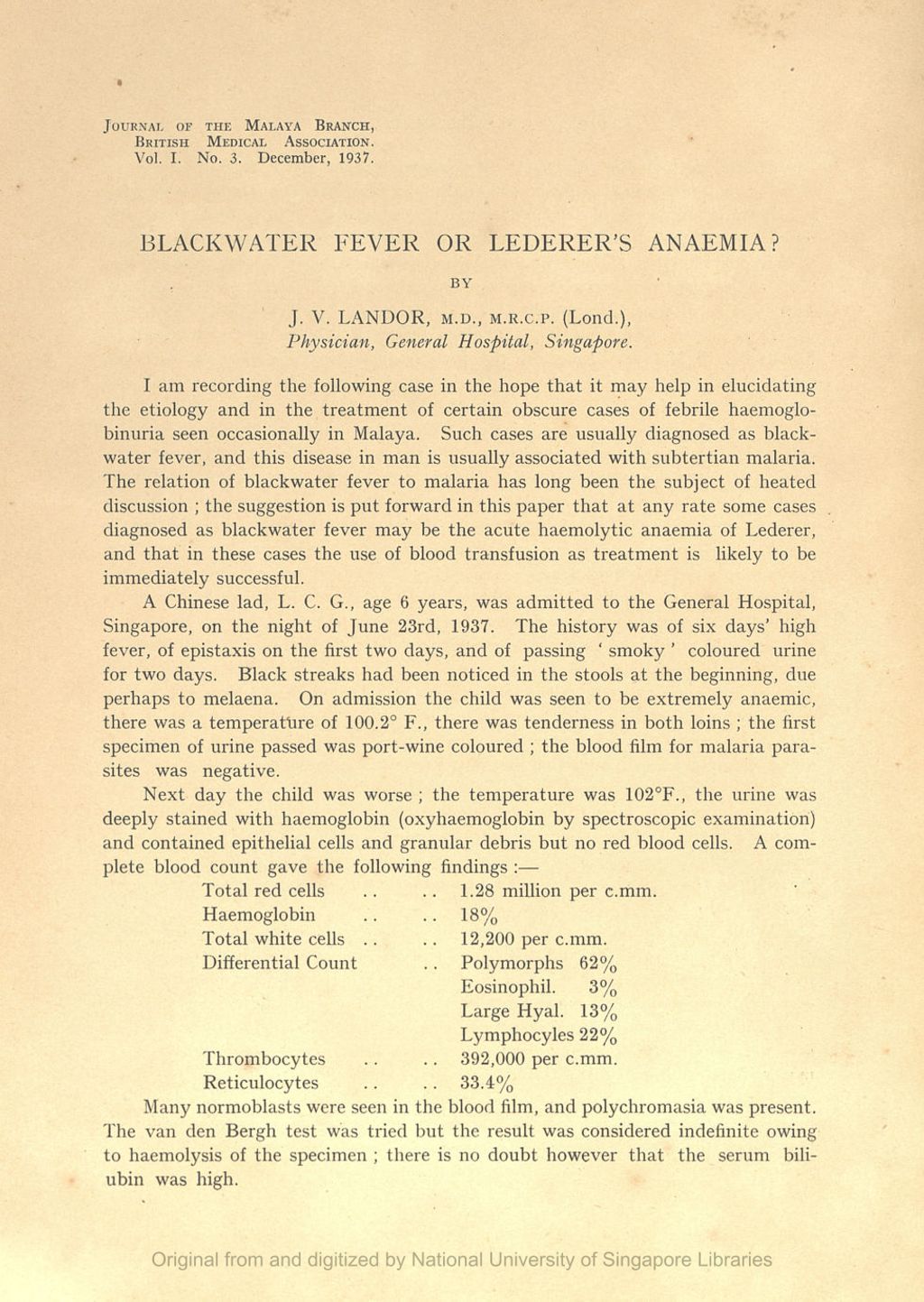 Miniature of Blackwater Fever or Lederer's Anaemia