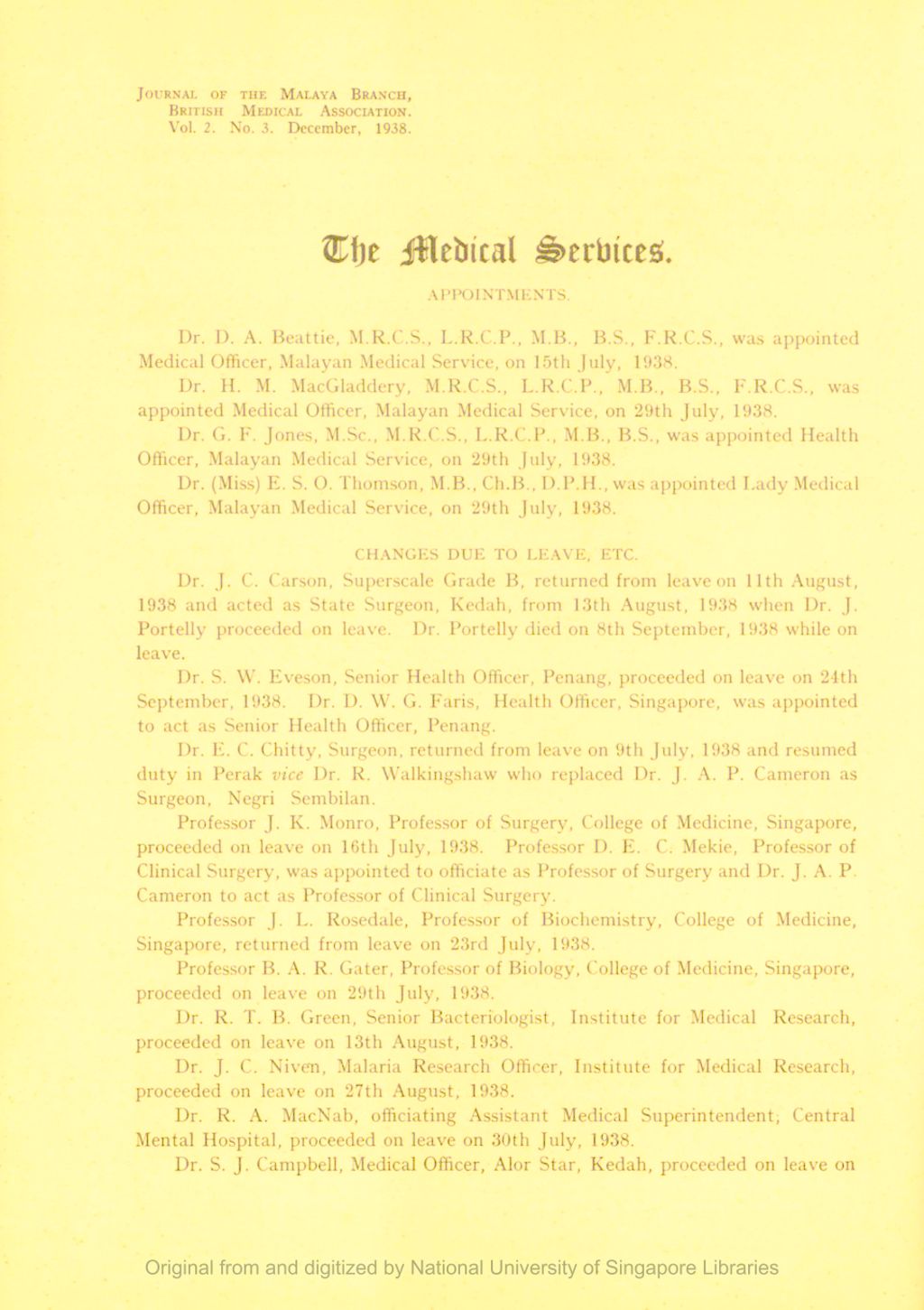 Miniature of Journal of the Malaya Branch of the British Medical Association. Volume 2, Number 3. The Medical Services