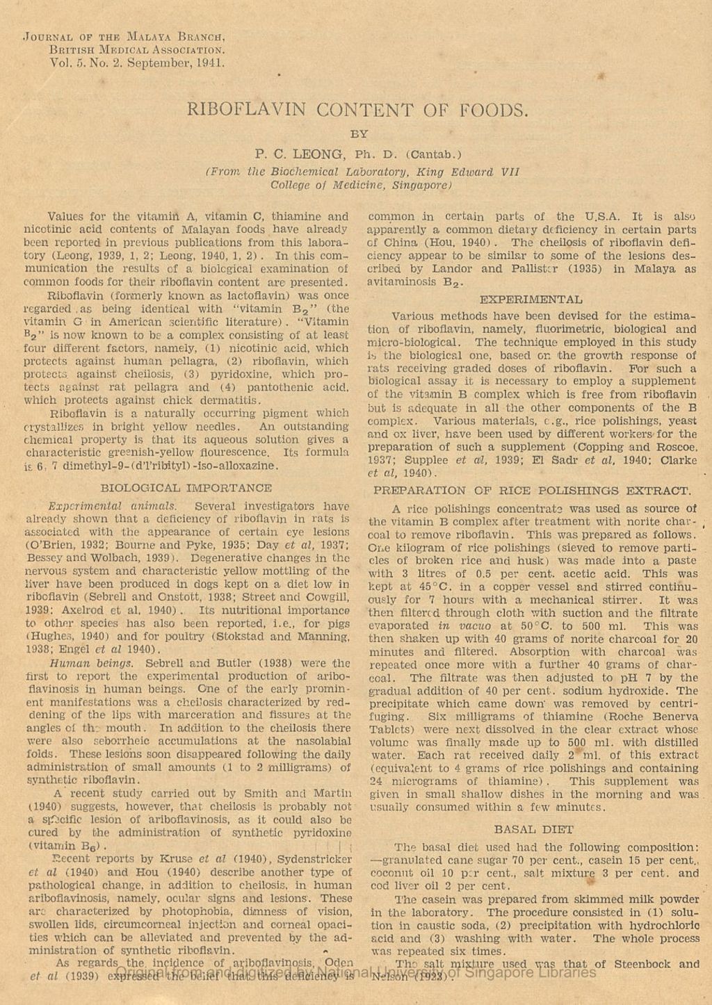 Miniature of Journal of the Malaya Branch of the British Medical Association. Volume 5, Number 2. Riboflavin Content of Foods