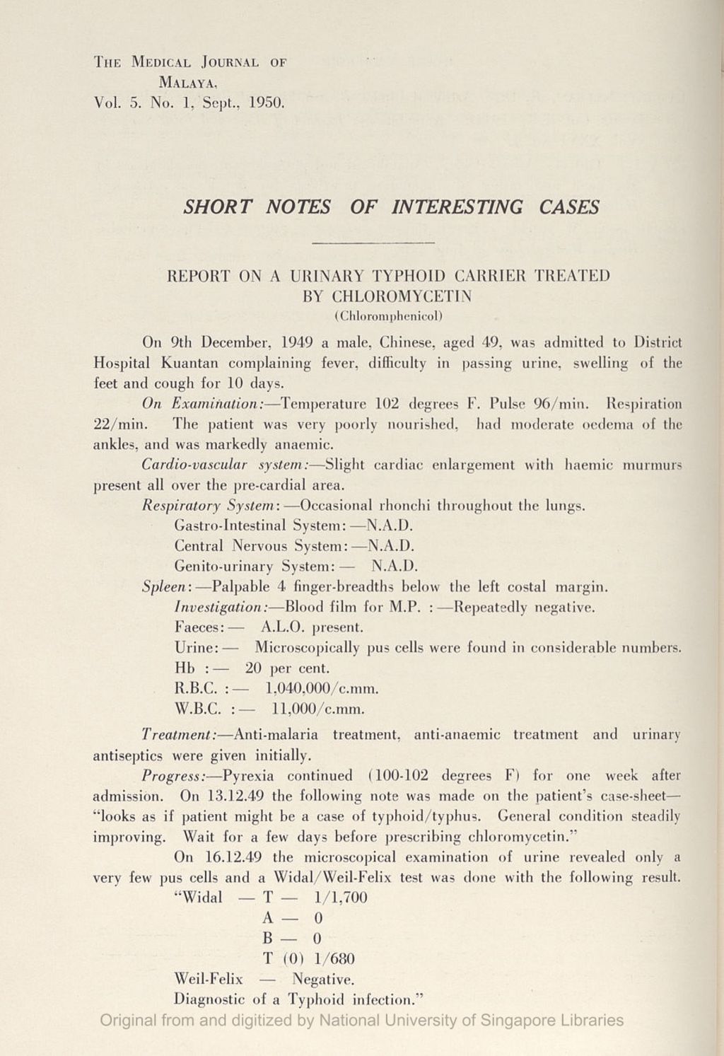 Miniature of Short Notes Of Interesting Cases. Report On A Urinary Typhoid Carrier Treated By Chloromycetin