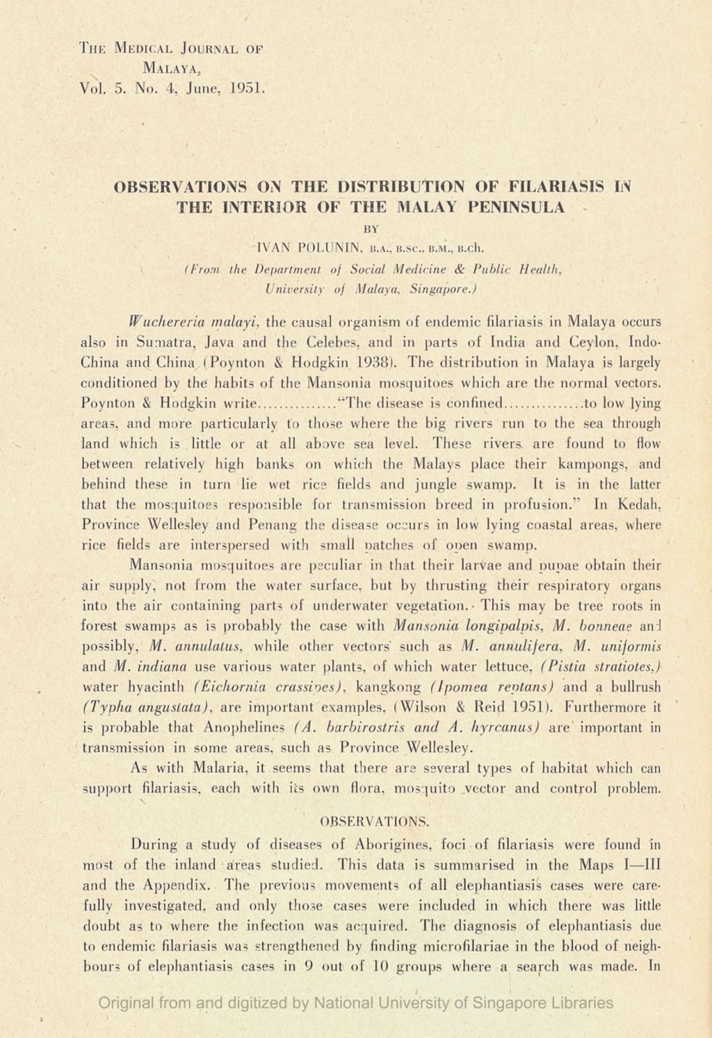 Miniature of Observations On The Distribution Of Filariasis In The Interior Of The Malay Peninsula