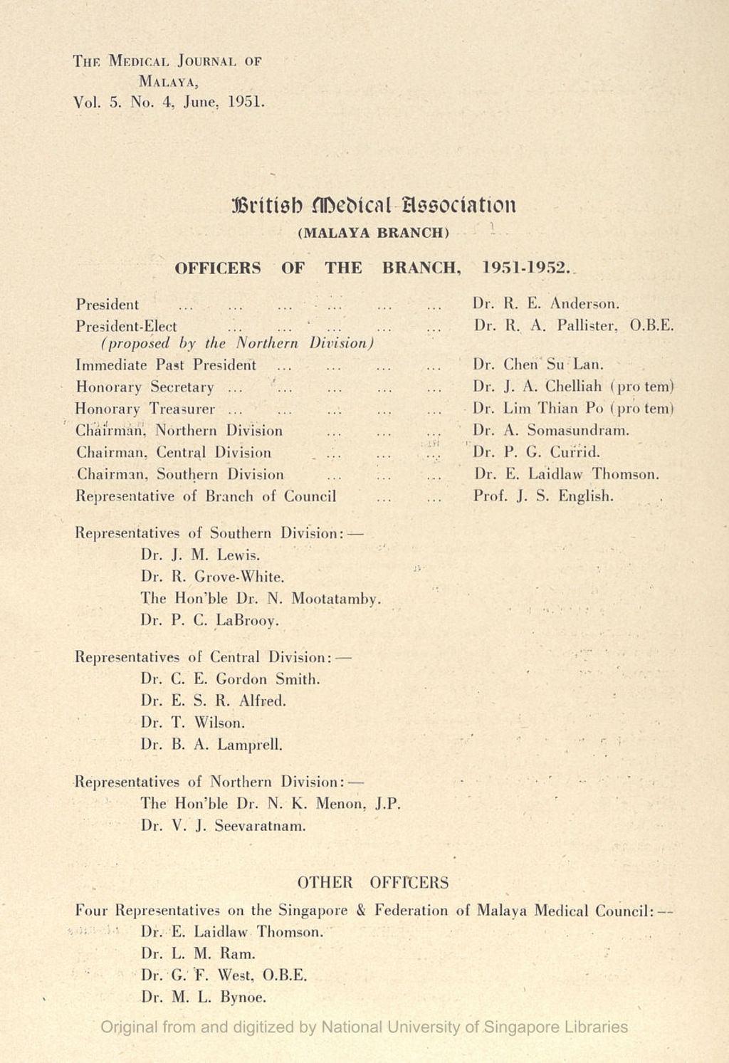 Miniature of British Medical Association (Malaya Branch) Officers Of The Branch, 1951-1952