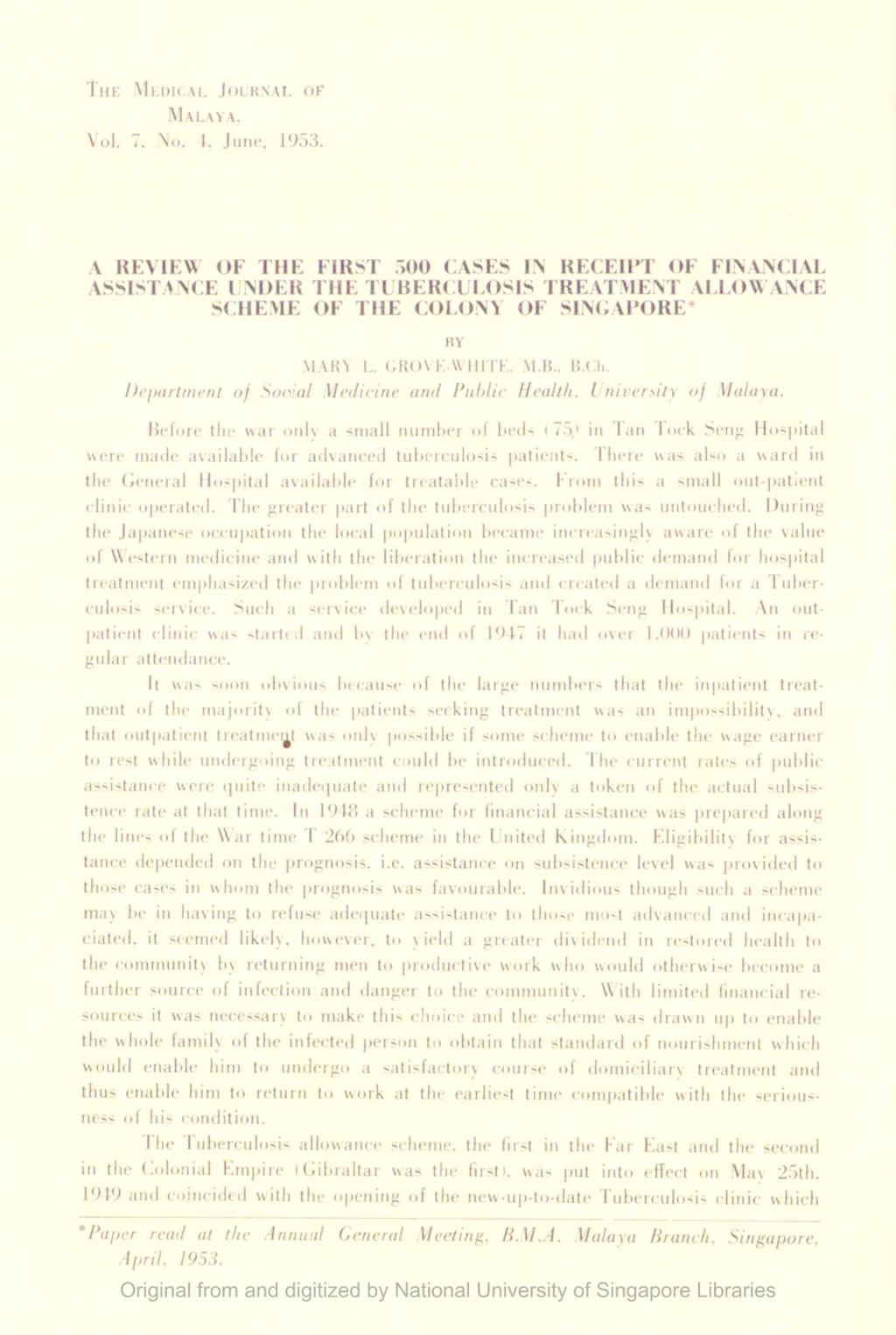 Miniature of Review Of The First 500 Cases In Receipt Of Financial Assistance Under The Tuberculosis Treatment Allowance Scheme Of The Colony Of Singapore