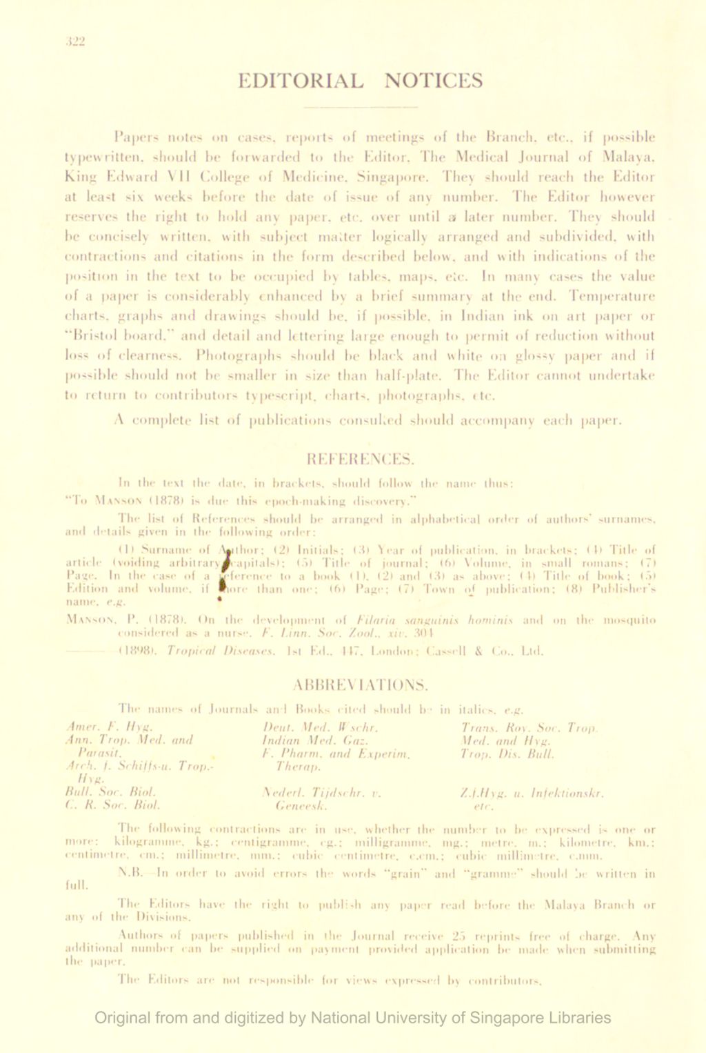 Miniature of Medical Journal of Malaya. Volume 7, Number 4. Editorial Notices