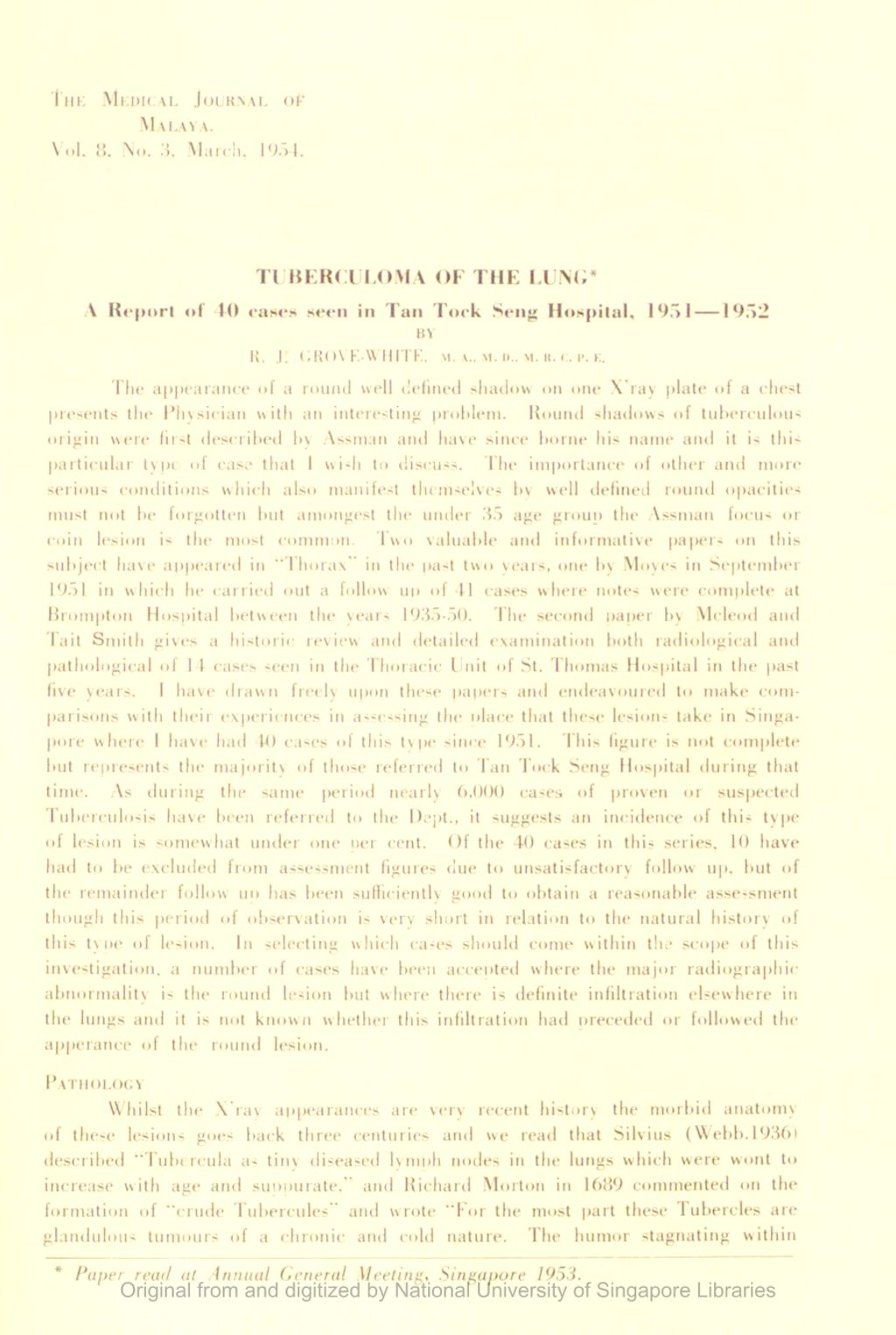 Miniature of Tuberculoma Of The Lunu. A Report Of To Cases Seen In Tan Tock Seng Hospital, 1951 â€”1952