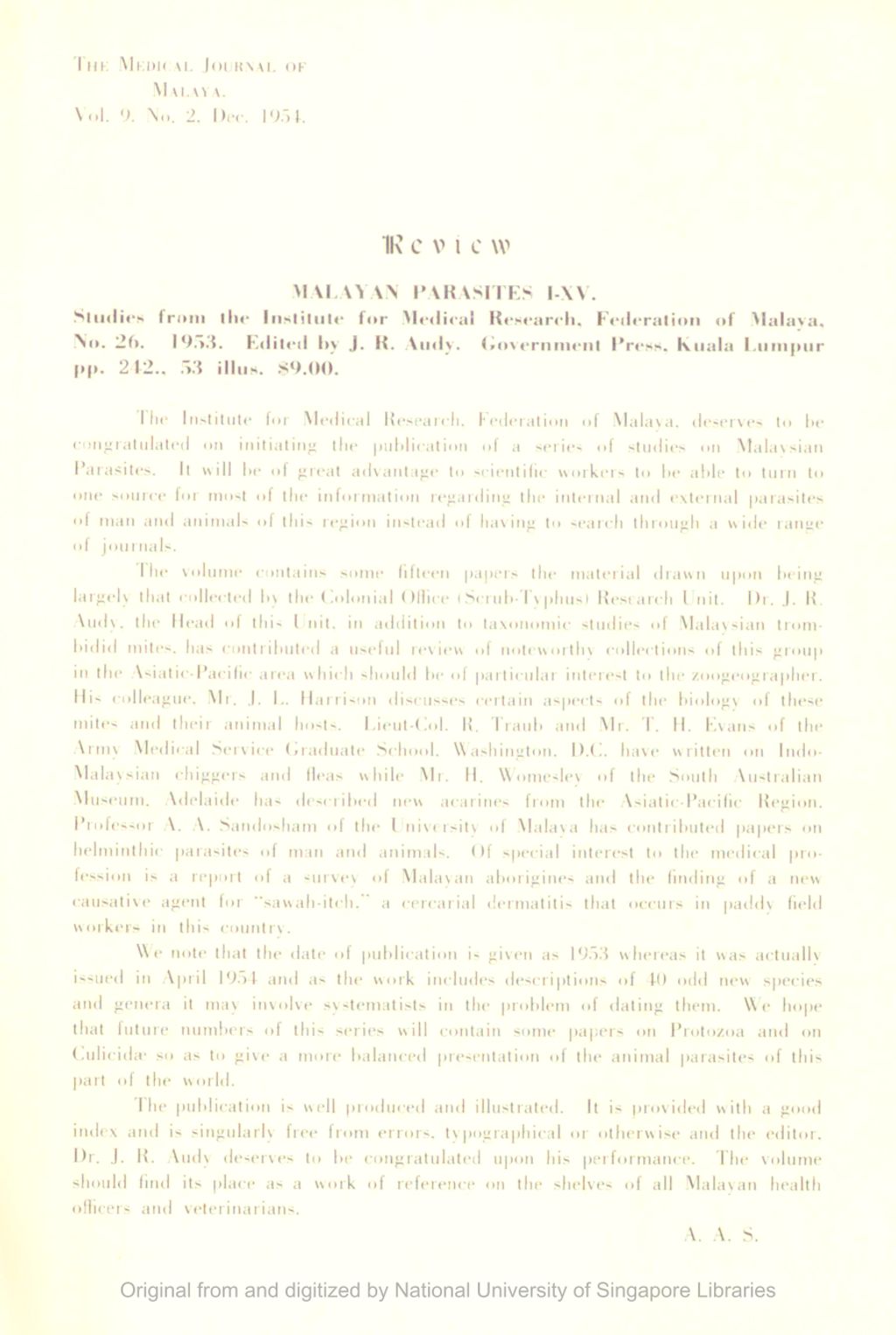 Miniature of Medical Journal of Malaya. Volume 9, Number 2. Review: Malayan Parasites