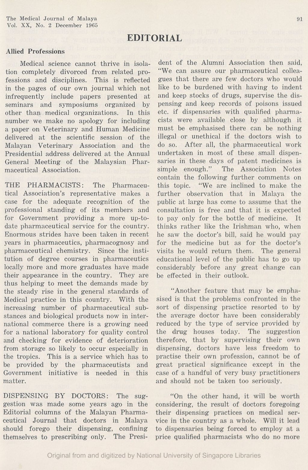 Miniature of Medical Journal of Malaya. Volume 20, Number 2. Editorial