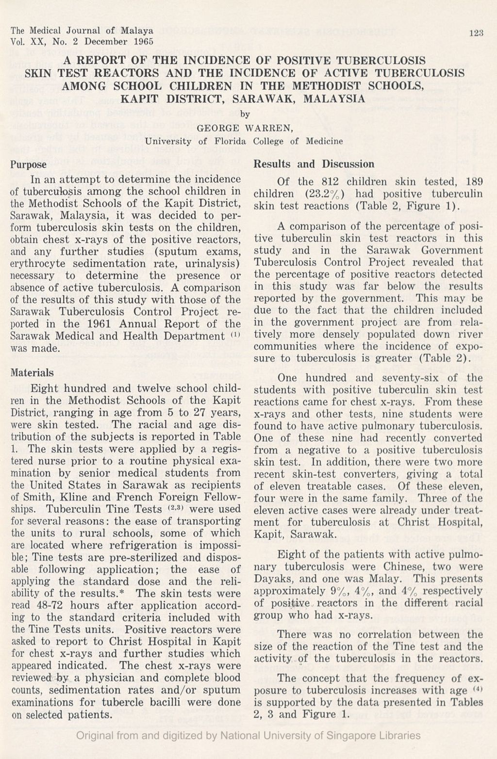 Miniature of Report Of The Incidence Of Positive Tuberculosis Skin Test Reactors And The Incidence Of Active Tuberculosis Among School Children In The Methodist Schools, Kapit District, Sarawak, Malaysia