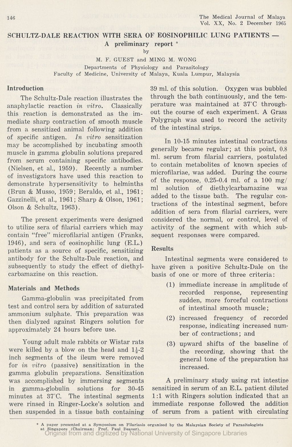 Miniature of Schultz-Dale Reaction With Sera Of Eosinophilic Lung Patients â€” A Preliminary Report